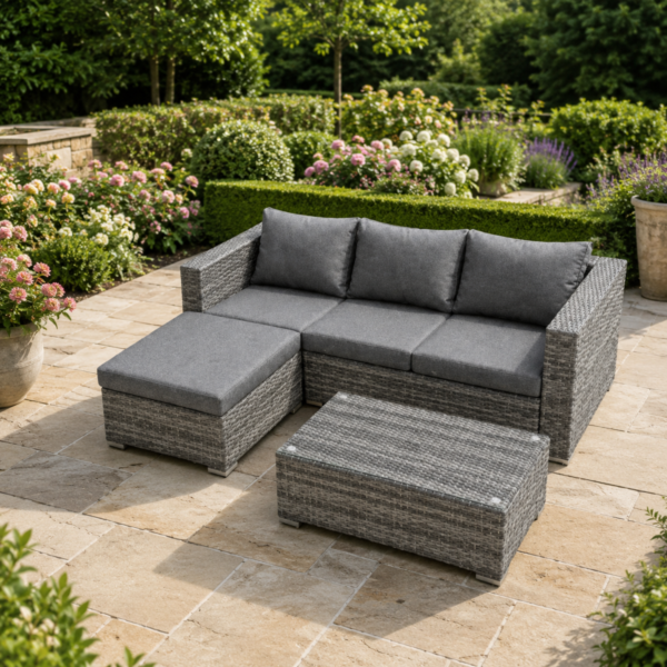 Grey Four-Seater Garden Rattan Sofa Set with Coffee Table