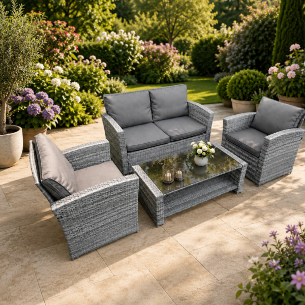 4-Piece Grey Rattan Garden Sofa Set with Loveseat and Coffee Table