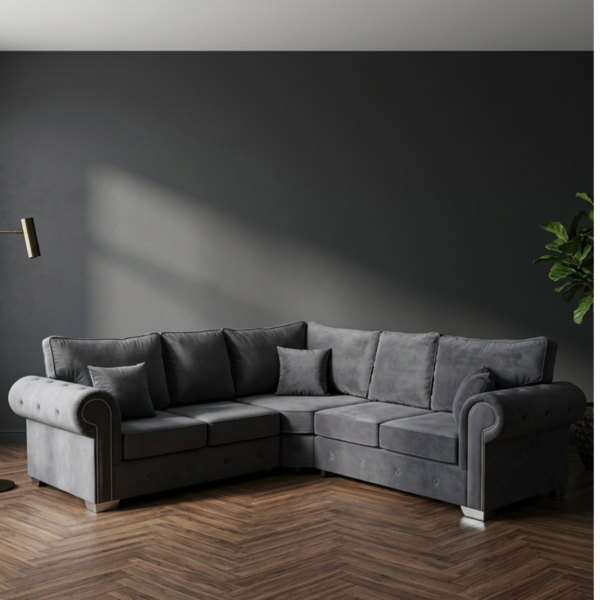 Ashwin 5 Seater Grey Corner Sofa | Scattered Back Fabric Corner Sofa