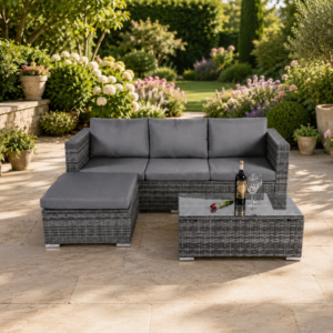 Grey Four-Seater Garden Rattan Sofa Set with Coffee Table