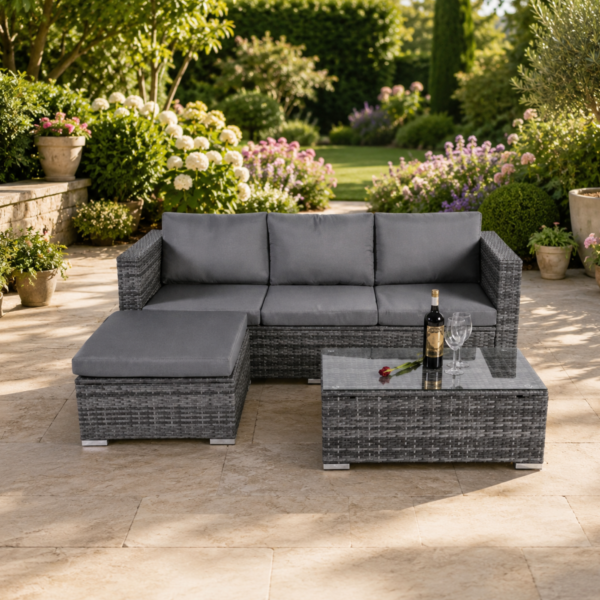 Grey Four-Seater Garden Rattan Sofa Set with Coffee Table