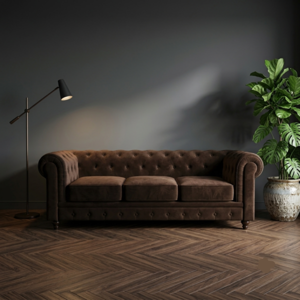 Fabric Chesterfield Sofa Set – Traditional Scroll Arm Design with Button Detailing